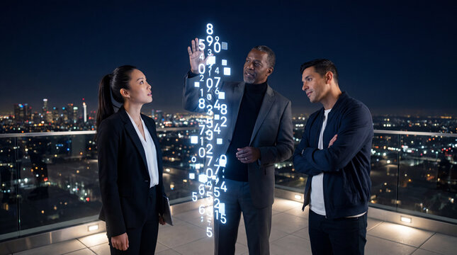 Business professionals analyzing digital data stream on rooftop at night