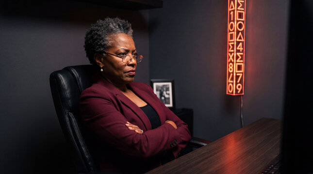Senior businesswoman monitoring digital systems from executive office