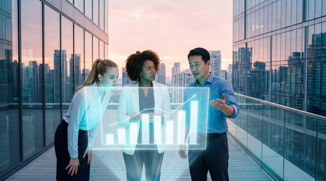 Business professionals reviewing performance dashboard on urban rooftop terrace