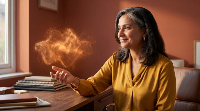Businesswoman visualizing abstract cloud computing concept in modern office
