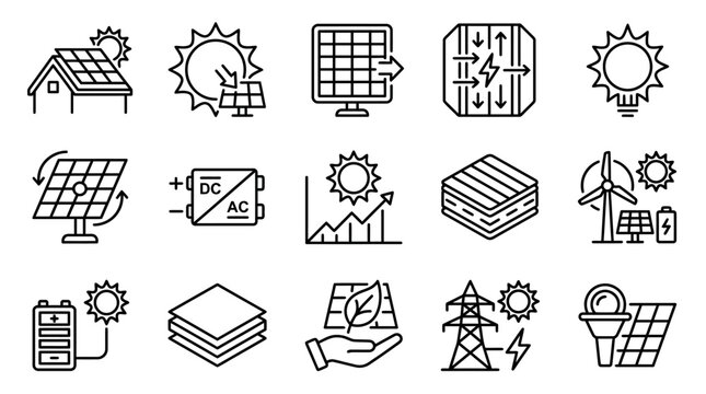 Modern Black and White Line Icons Set Featuring Solar Panels Wind Turbines Energy Storage and Renewable Energy Concepts