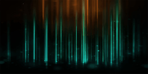 abstract glowing light streaks in teal and orange hues cascade downwards against a dark background, creating a mesmerizing and energetic visual effect. © NOT BAD