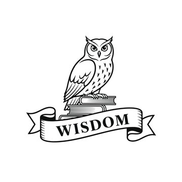 Vintage style owl perched on a stack of books with a wisdom ribbon banner.