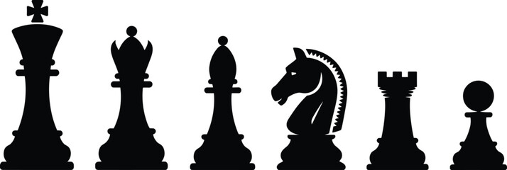 Black Silhouette Chess Pieces King Queen Bishop Knight Rook Pawn Isolated game strategy © Ariful