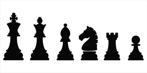 Black Silhouette Chess Pieces King Queen Bishop Knight Rook Pawn On White Background game strategy © Ariful