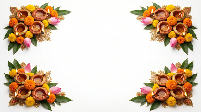 Diwali, Ganesh Chaturthi and Dussehra Royal landscape vector frame with brass diyas, marigold and ruby emerald ornaments in four corner clusters, blank center copy space for flyer and greeting card