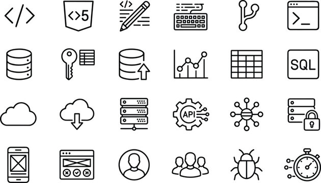 Minimalist vector line art icon set of software engineering database development git version control and API technology programming elements