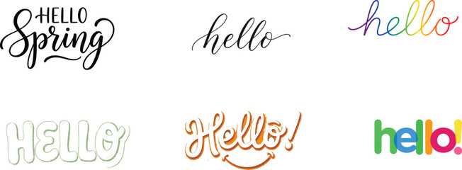 Variety of 'hello' and 'hello spring' typography designs for seasonal greetings © PNG master