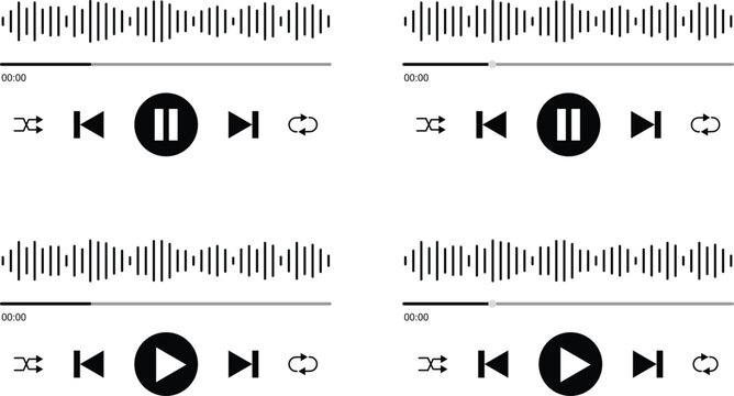Audio video player interface mockup icons set for multimedia player app, digital sound wave equalizer voice tracker playback buttons play pause next previous repeat shuffle, multimedia user element