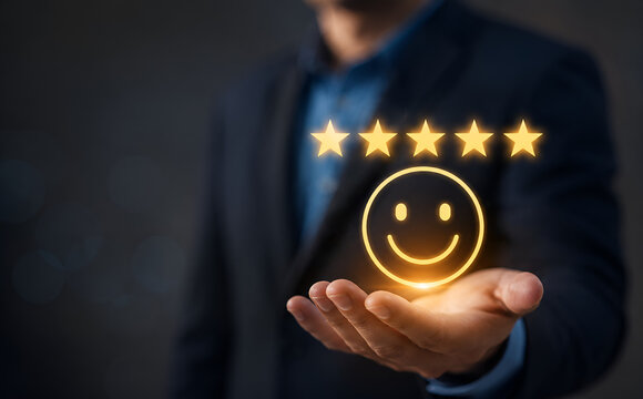 Customer review satisfaction feedback survey concept. Best Excellent Services Rating for Satisfaction present by Hand of Client Showing face with excellent rating Five Star. Customer experience