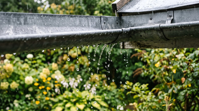 Water droplets falling from metal rain guttering in green garden with dripping rainwater downspout backyard environment refreshing metalwork infrastructure