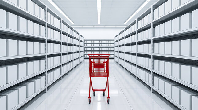 Red metal shopping trolley in empty warehouse aisle with white storage boxes shopping warehouse supermarket logistic distribution consumer business commerce