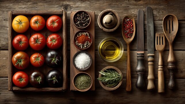 Flat lay of fresh vegetables, herbs, olive oil, spices, and kitchen utensils on a rustic wooden surface. Natural daylight, clean composition, and copy space, ideal for healthy food, recipes.