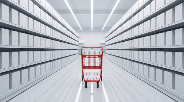 Red shopping cart standing in empty aisle of warehouse store with shopping warehouse supermarket business commerce consumer purchasing shelving inventory