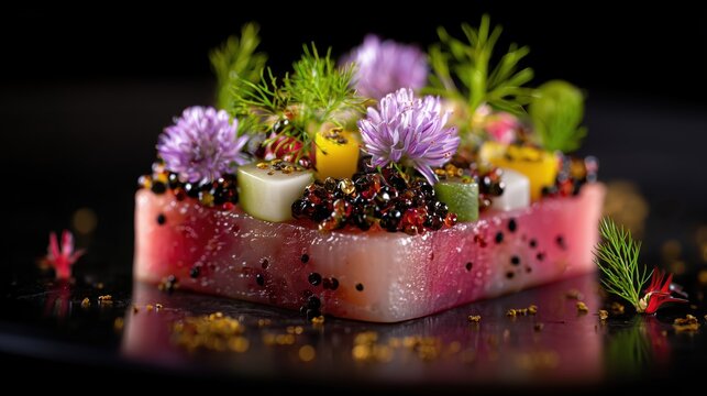 Gourmet dish elegantly plated on a black background with dramatic cinematic lighting. Glossy textures, deep shadows, and premium presentation create a sophisticated fine dining concept.