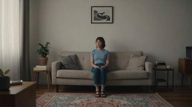 Lonely and depressed concept. Woman sitting alone on a sofa in a minimalistic living room with neutral tones.
