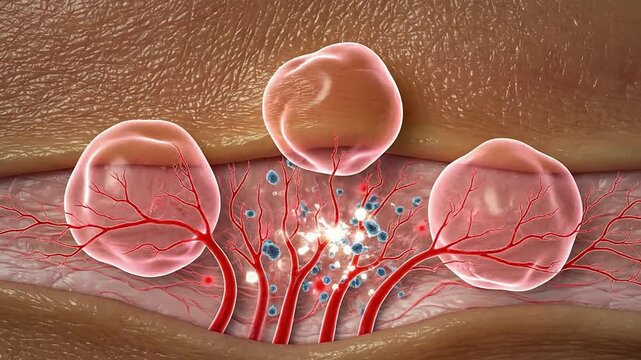 Close-Up Medical Visualization of Cellular Hives Formation on Skin with Immune Responses and Realistic Textures