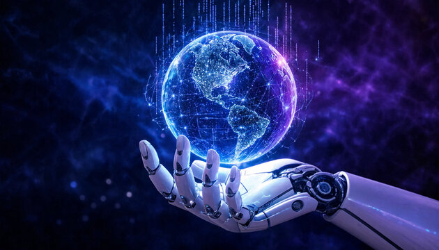Robot Hand Holding Digital Globe With Futuristic Data Connections transparent background