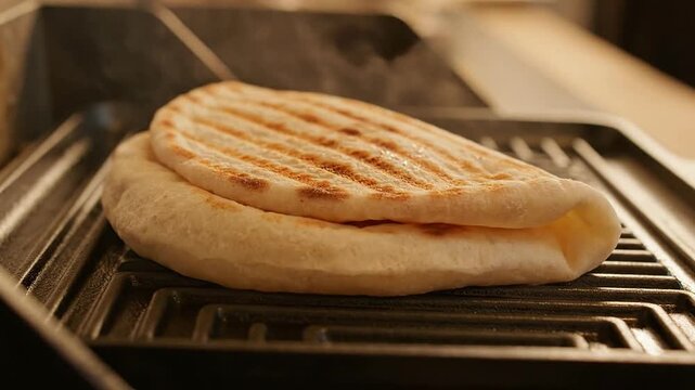 Close-Up Of Folded Flatbread Warming On A Clean Ridged Grill Surface Showcasing Grill Marks And Steam For Culinary Contexts