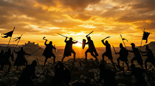 Epic Battle at Dusk: Silhouettes of medieval warriors clash fiercely on a rocky battlefield as the sun sets, casting long shadows and a dramatic sky over a distant castle.