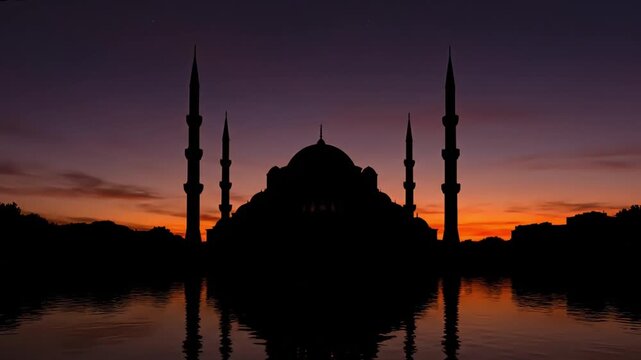 Majestic mosque silhouette at sunset, Islamic architecture with minarets and dome at dusk, peaceful religious landmark reflection on water