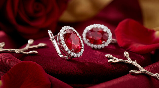 Elegant white gold oval ruby drop earrings with sparkling diamond halos, displayed beautifully on luxurious red velvet fabric adorned with romantic crimson rose petals and twigs.