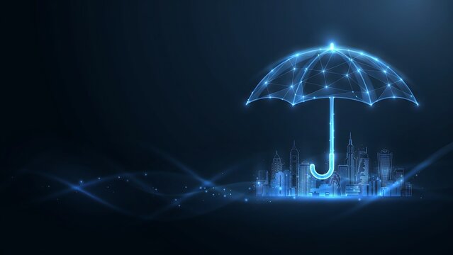 Abstract futuristic blue glowing umbrella protecting a city skyline with interconnected lines and dots symbolizing digital security data protection and cyber resilience.