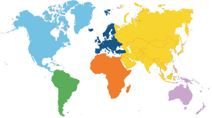 Fototapeta premium A colorful stylized world map illustration featuring distinct continents in different solid colors.