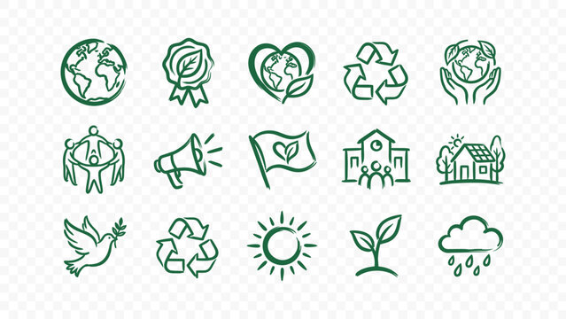 green world eco globe recycling leaf birds house nature environment art doodle handmade ink scribble flat line art vector illustration icon bundle set calligraphy drawing design