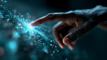 Fototapeta premium Close up of human finger pointing at glowing particle energy with particles