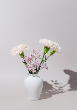 Elegant white vase with carnations and pink blooms