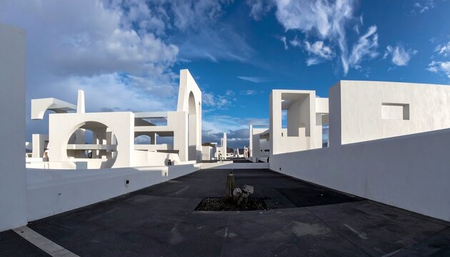 Minimalist white architectural scene with smooth curved arches, reflective surfaces, vivid blue sky and scattered clouds, futuristic design evoking spaciousness, tranquility, and modern conceptual ren