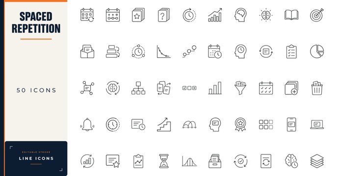 Spaced repetition line icon set featuring learning techniques, memory retention, study schedules, flashcards, and brain training concepts