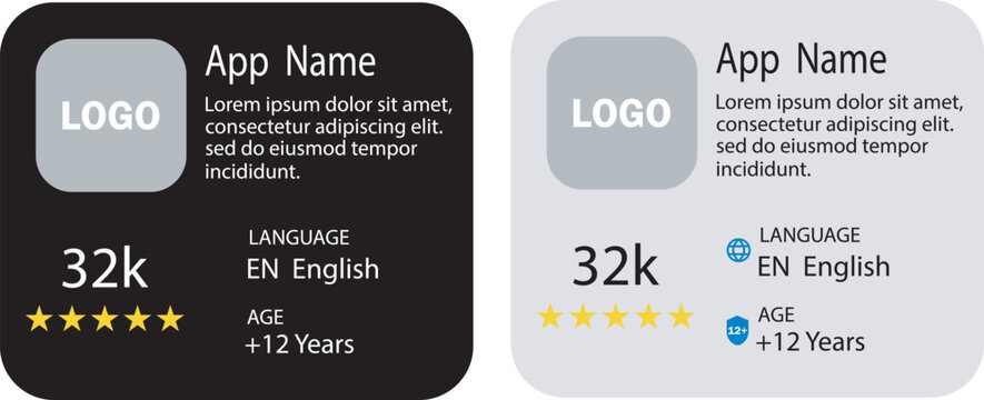 Mobile application store interface design with app icon and rating stars in dark and light mode