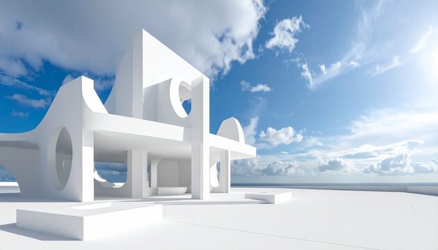 Minimalist white architectural scene with smooth curved arches, reflective surfaces, vivid blue sky and scattered clouds, futuristic design evoking spaciousness, tranquility, and modern conceptual ren