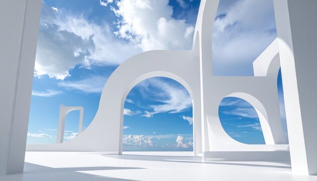 Minimalist white architectural scene with smooth curved arches, reflective surfaces, vivid blue sky and scattered clouds, futuristic design evoking spaciousness, tranquility, and modern conceptual ren