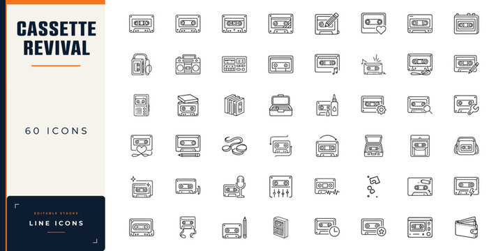 cassette revival line icon set featuring retro audio tapes, boombox, walkman, magnetic tape, and vintage music recording equipment