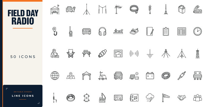Field day radio line icon set featuring amateur radio equipment, antennas, transceivers, morse code keys, and outdoor communication gear