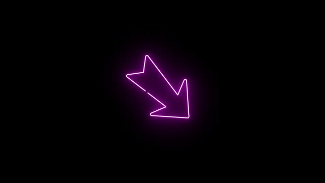 Abstract glowing neon purple diagonal arrow pointing down right 4k 25fps