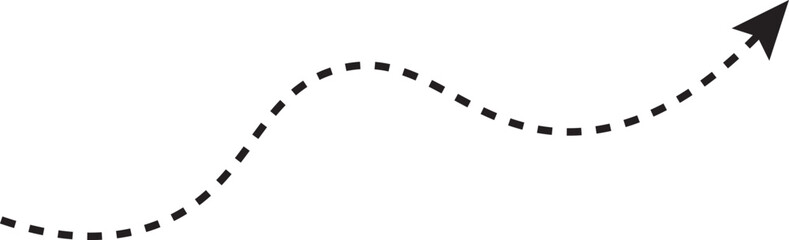 Fototapeta premium A simple black dashed arrow following a curved wave path indicating direction and progress for business and design