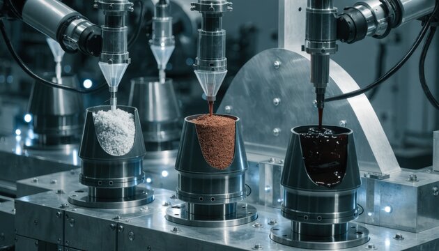 Medium shot of automated machinery precisely injecting TNT explosive into warhead cavities highlighting industrial safety and hightech manufacturing processes. Medium shot