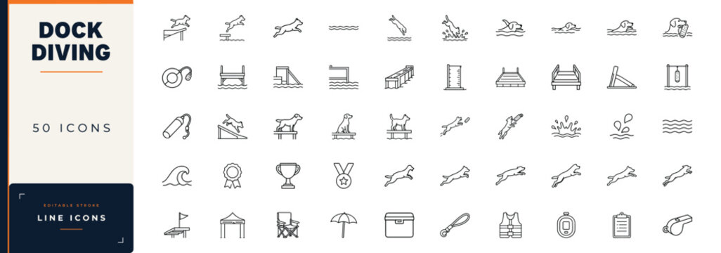 Dock diving line icon set featuring dogs jumping, swimming, ramps, platforms, water splashes, and canine sports equipment