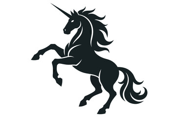 Silhouette of a rearing unicorn with flowing mane and tail, isolated on white. © Tiger