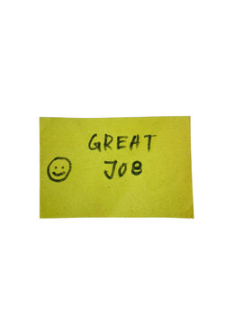 Yellow sticky note with great job text and smiley face