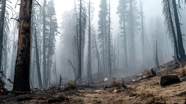 Spooky view of the forest after a forest fire. Haunting view of a forest after a wildfire.