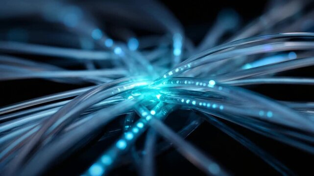 Abstract blue fiber optic cables glowing against a dark background  