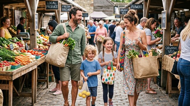 Family enjoys shopping at a vibrant outdoor farmers market filled with fresh produce