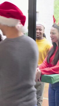 Vertical video: Arriving group gathering at home, giving wrapped gifts and wine, wearing antlers