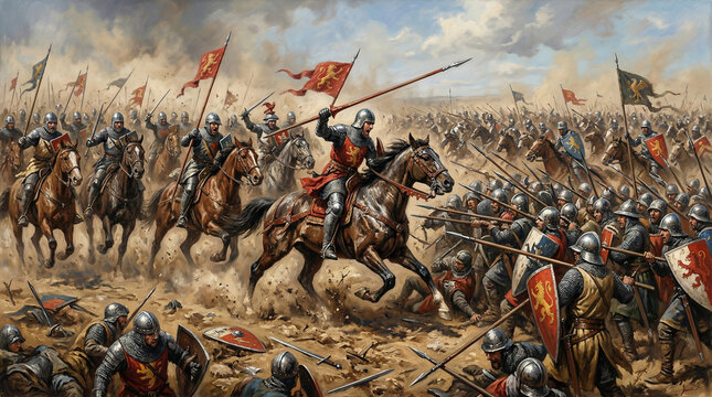 Medieval Battle Charge: Knights on horseback charge into a fierce battle, lances lowered, amidst a chaotic scene of warfare.
