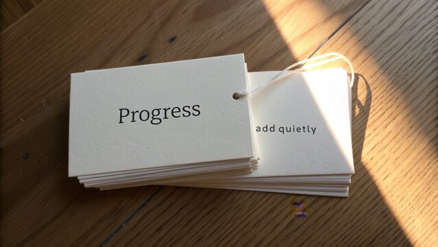 Simple editable note cards with the word Progress and the phrase add quietly on a wooden table in soft sunlight